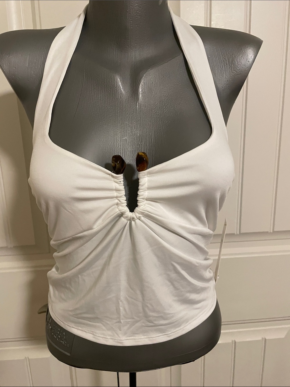 Derek Heart White Halter Ruched Front Camisole with Accent Details
